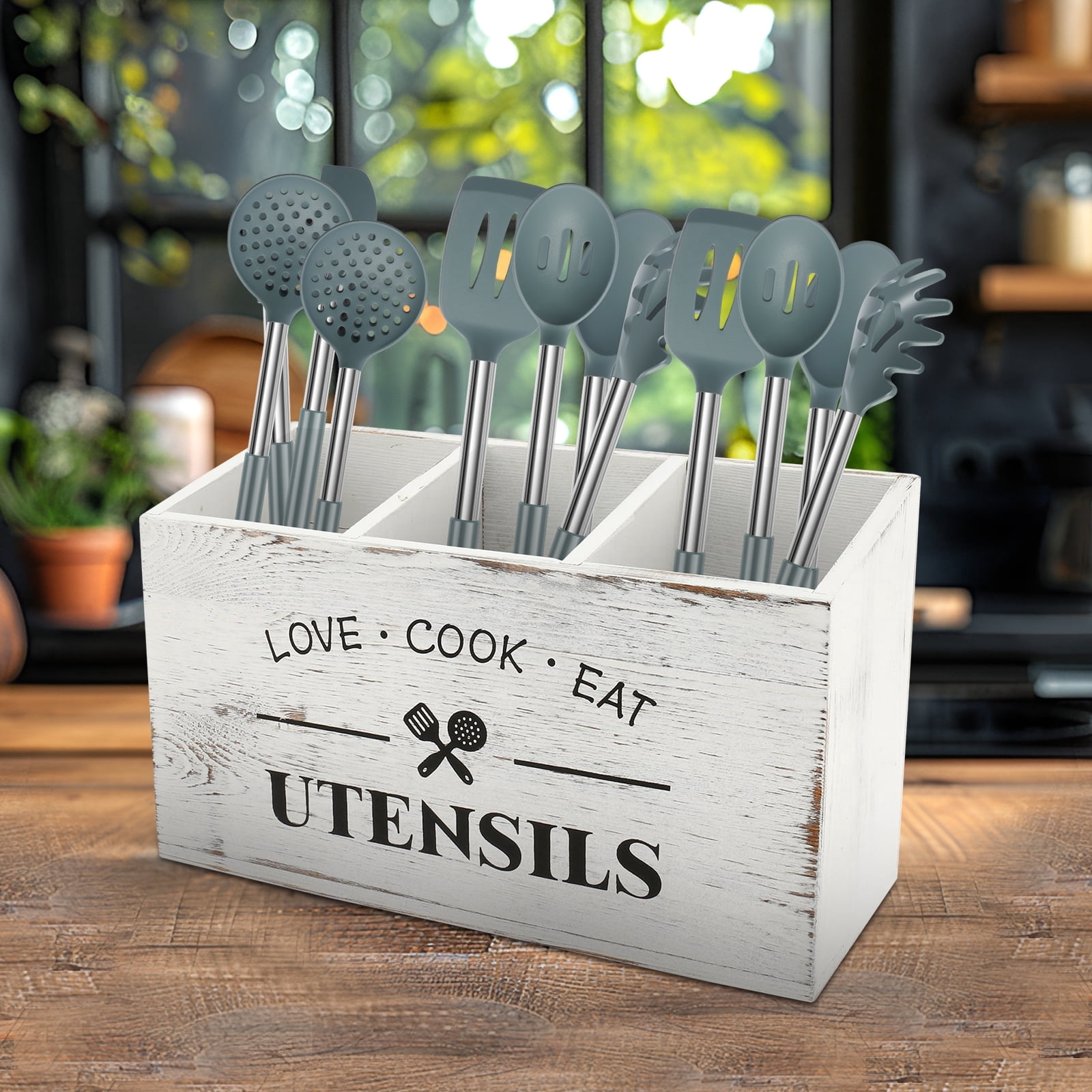 Wooden Kitchen Utensil Holder with 3 Compartments, Utensil Storage Organizer, Rustic Cooking Tools Storage for Kitchen Counter, Farmhouse Decoration