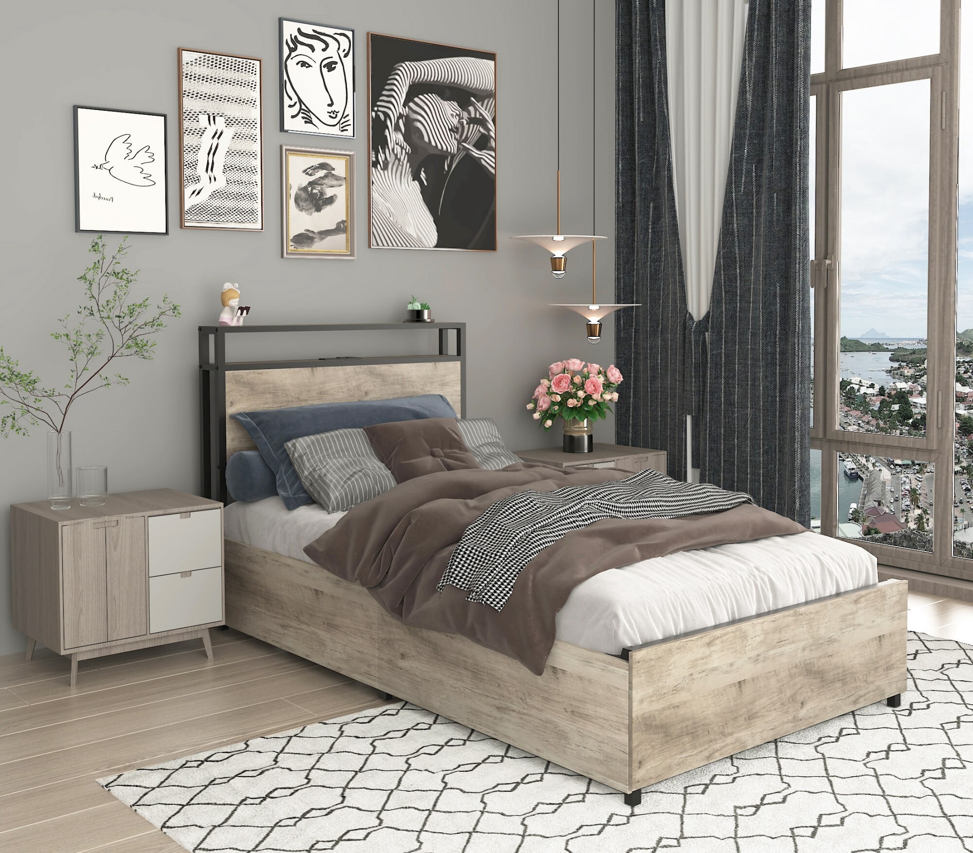 AENKYO Twin Size Bed Frame with 4 Storage Drawers, Headboard with Charging Station, RGB LED Lights, Wash Gray