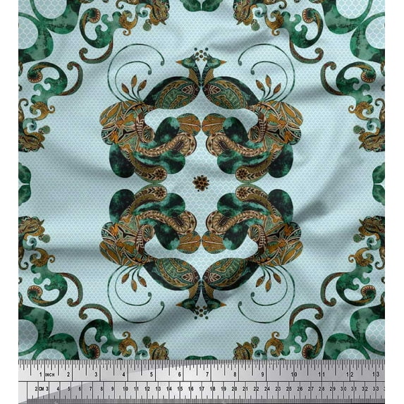 Soimoi Polyester Crepe Fabric Quatrefoil & Peacock Bird Print Fabric by The Yard 52 Inch Wide