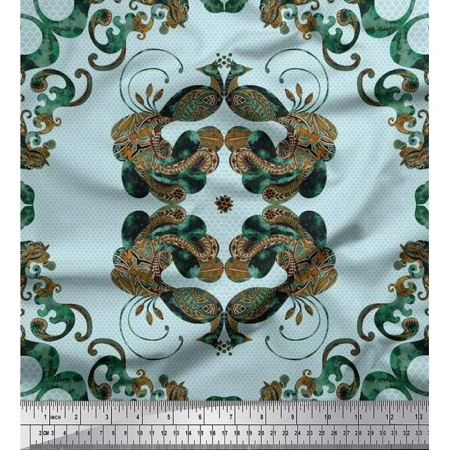 Soimoi Silk Fabric Quatrefoil & Peacock Bird Decor Fabric Printed Yard 42 Inch Wide