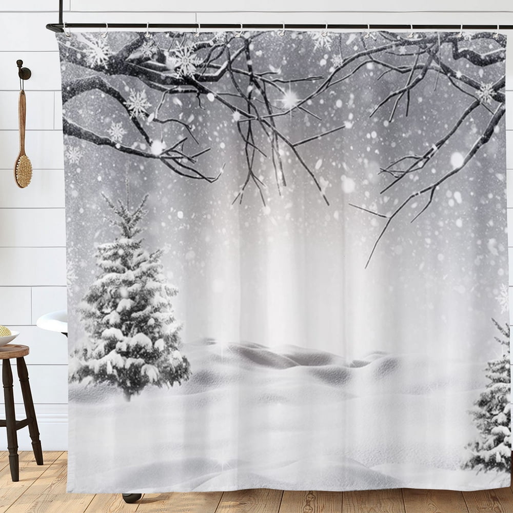 Winter Shower Curtain Snow Scene with Pine Tree Bathroom