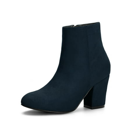 Women's Side Zipper Block Heel Ankle Boots Navy Blue (Size