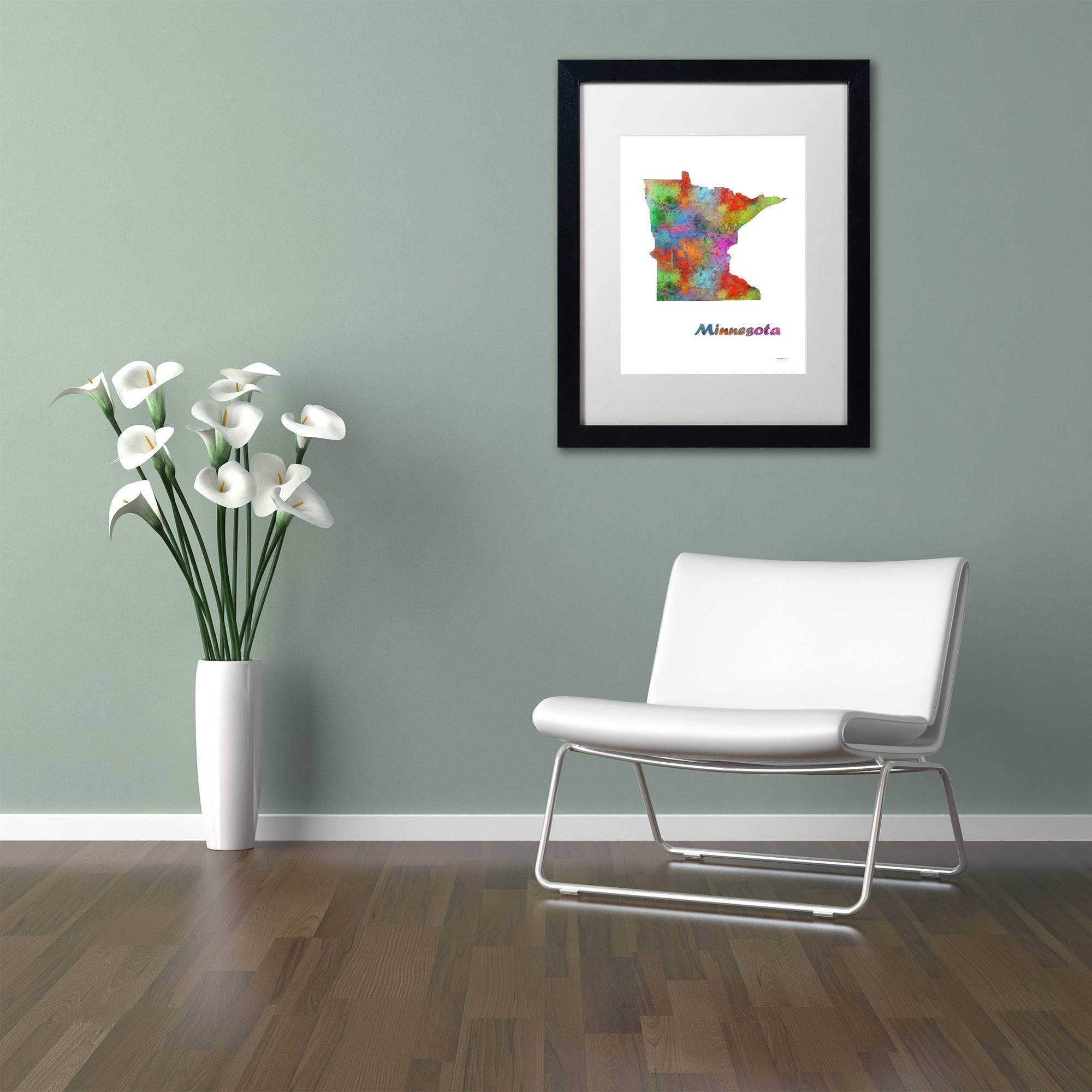 Trademark Fine Art "Minnesota State Map-1" Canvas Art by Marlene Watson, White Matte, Black Frame
