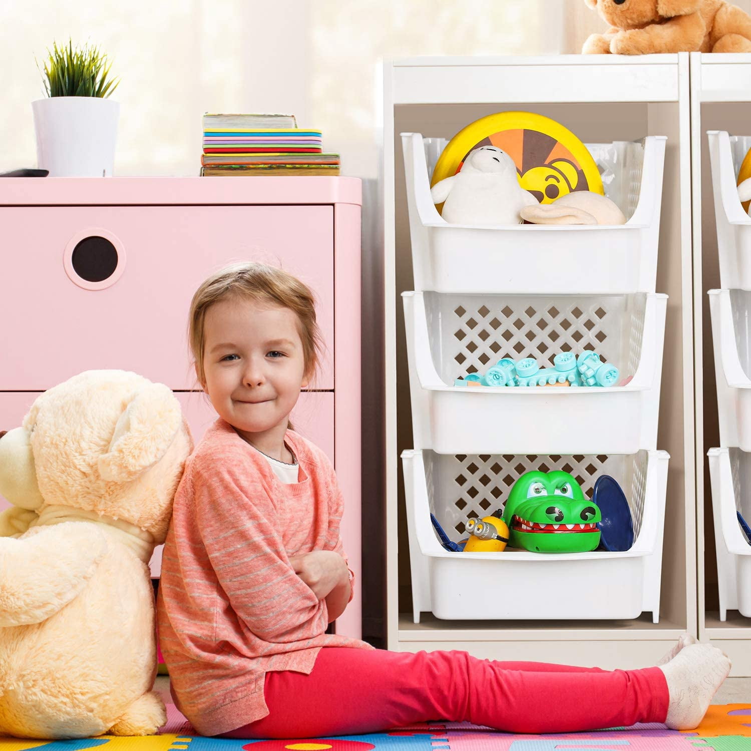 HOUSE DAY 4 Pack Plastic Storage Bins, Storage Basket, Versatile Open Plastic Bin Container, White