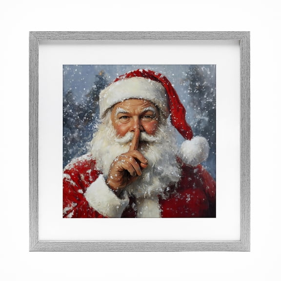 Secret Santa Shh Gray Framed Print Under Glass, design by Petal Prints Design