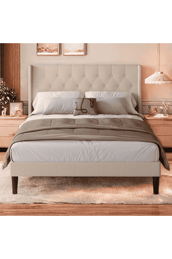 Queen Size Bed Frame with Upholstered Wingback Headboard Beige Finish