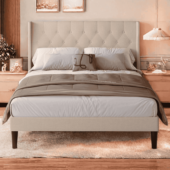 Lofka Queen Size Bed Frame with Upholstered Wingback Headboard Beige Finish