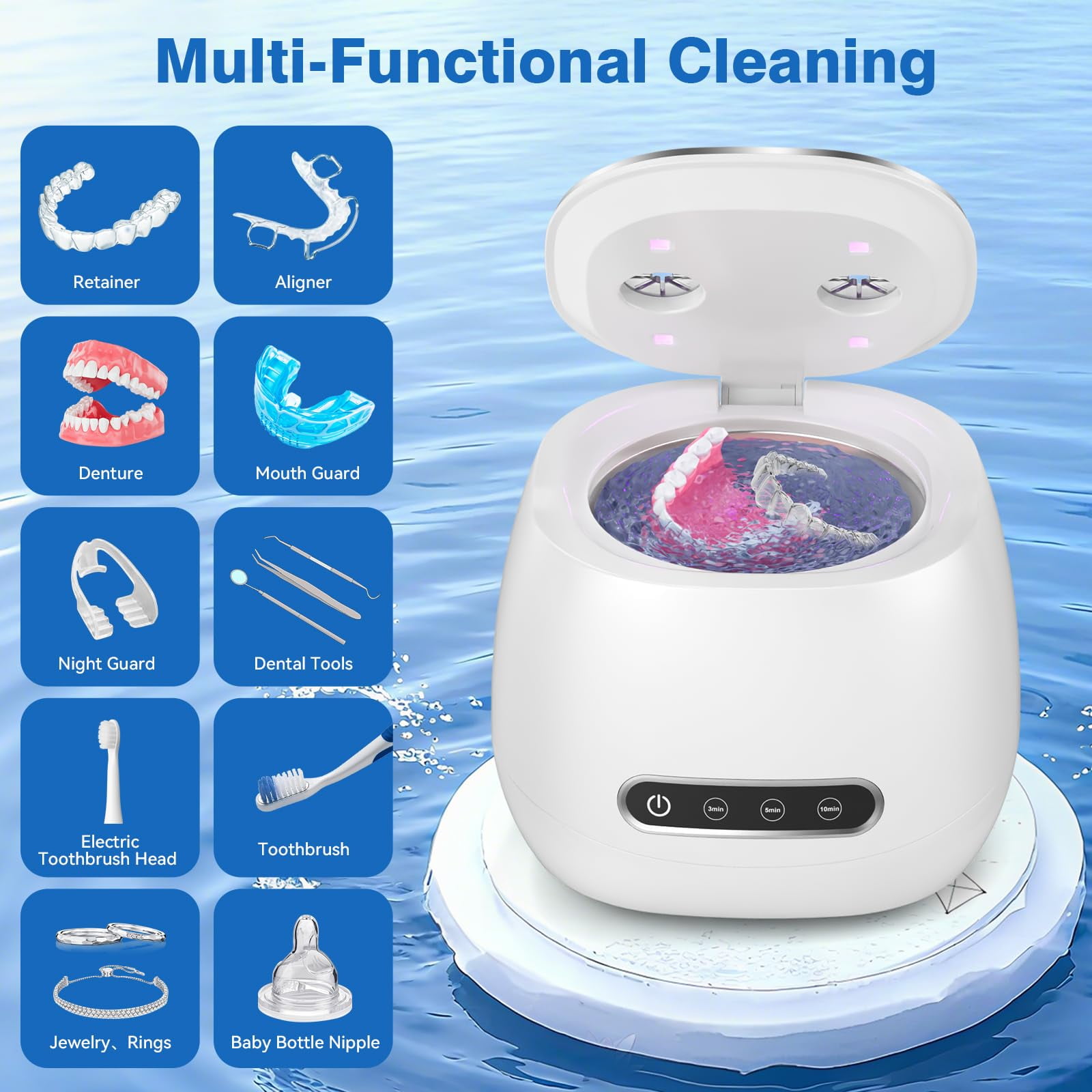 Ultrasonic Retainer Cleaner, 45kHz Digital Timer Dental Cleaning Machine for Denture, Mouth Guard, Aligner, Braces, Toothbrush Heads