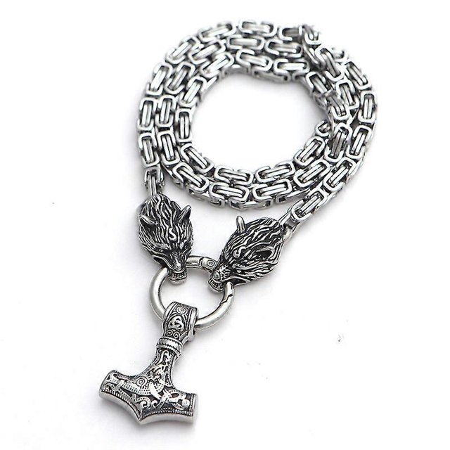 Collares de acero inoxidable con cabeza de lobo para hombre, colgante de martillo nórdico Mjolnir, cadena de rey escandinavo, joyería vikinga, 70 cm, acero
