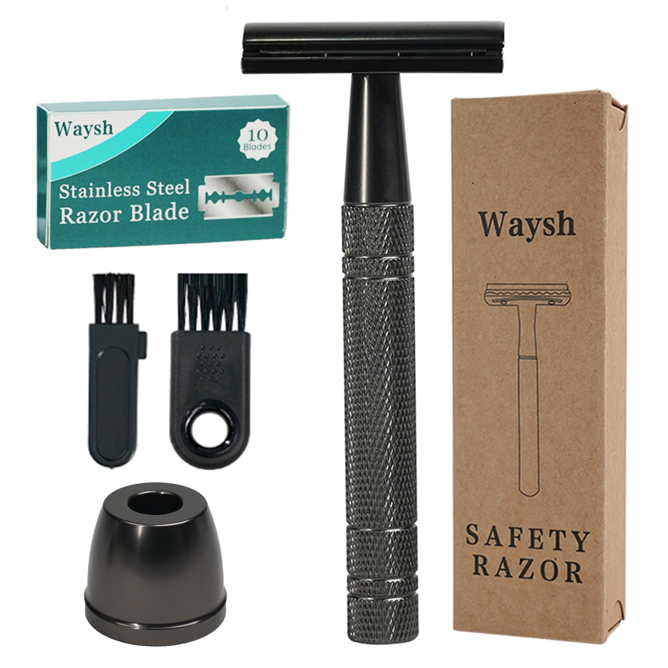 Waysh Classic Wet Shave 20 Blade Safety Razor Kit with Stand and 20 Blades, Gunmetal Grey