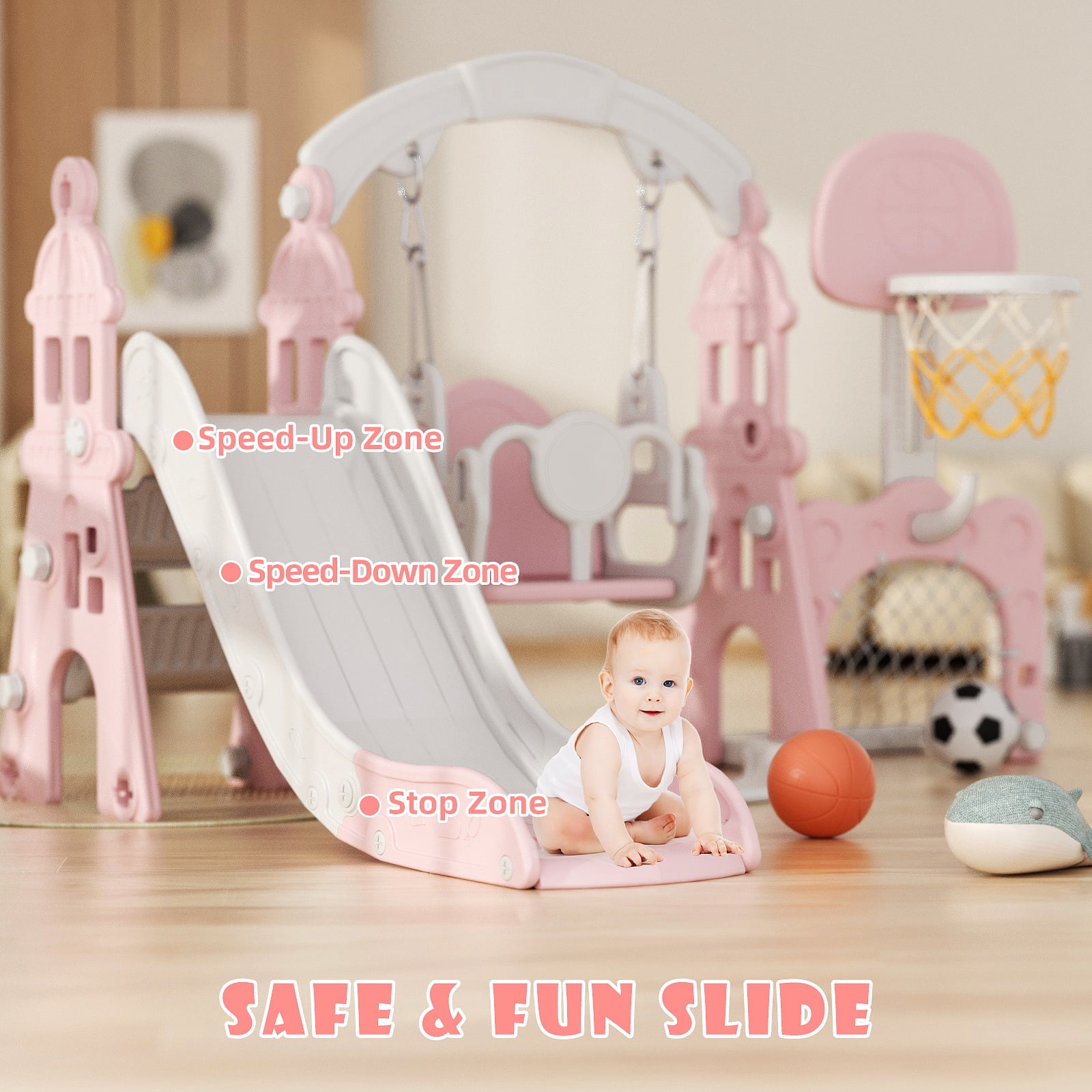 KORIMEFA 6-in-1 Kids Slide and Swing Set - Perfect for Toddlers 1-6 Years - Extra-Large Indoor and Outdoor Playground Includes Slide, Swing, Basketball Hoop, and Climber