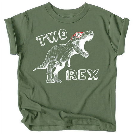 

Olive Loves Apple Two Rex Dinosaur 2nd Birthday T-Shirts for Baby Girls and Boys Second Birthday Outfit White on Military Green Shirt 4T