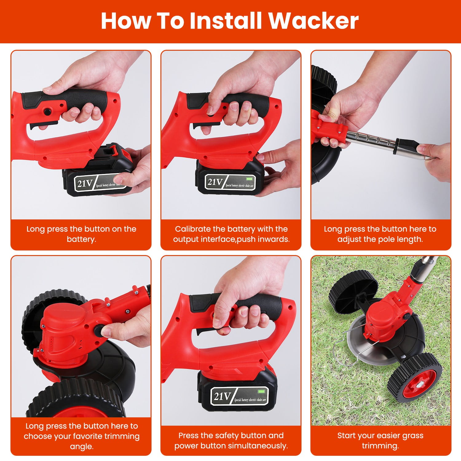 800W Cordless String Trimmer with Wheels 21V Brushless Motor Weed Wacker 18000RPM Max Speed 3 in 1 Tool with Metal and String Blades Adjustable Head Extendable Pole for Lawn Edging Garden Maintenance