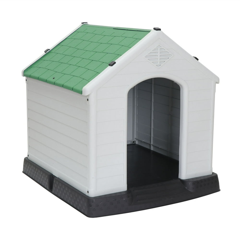 Indoor Outdoor 28" Plastic Dog House White with Green Roof for Small to