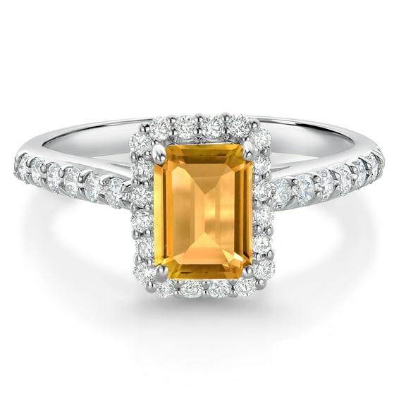 Gem Stone King 10K White Gold Yellow Citrine and White Lab Grown Diamond Halo Engagement Wedding Ring for Women (1.21 Cttw, Emerald Cut 7X5MM, Size 5)
