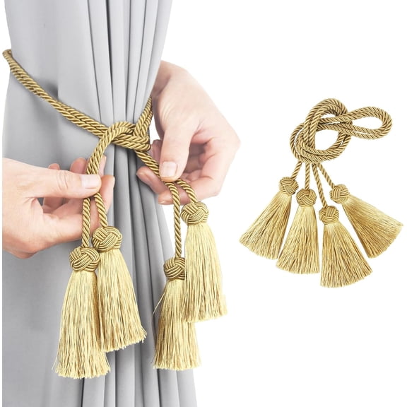 Elegant Tassel Curtain Tiebacks Rope Curtain Tie Backs for Windows | 2 Pack Gold Hand Woven Decorative Window Treatment Holdbacks with Tassel