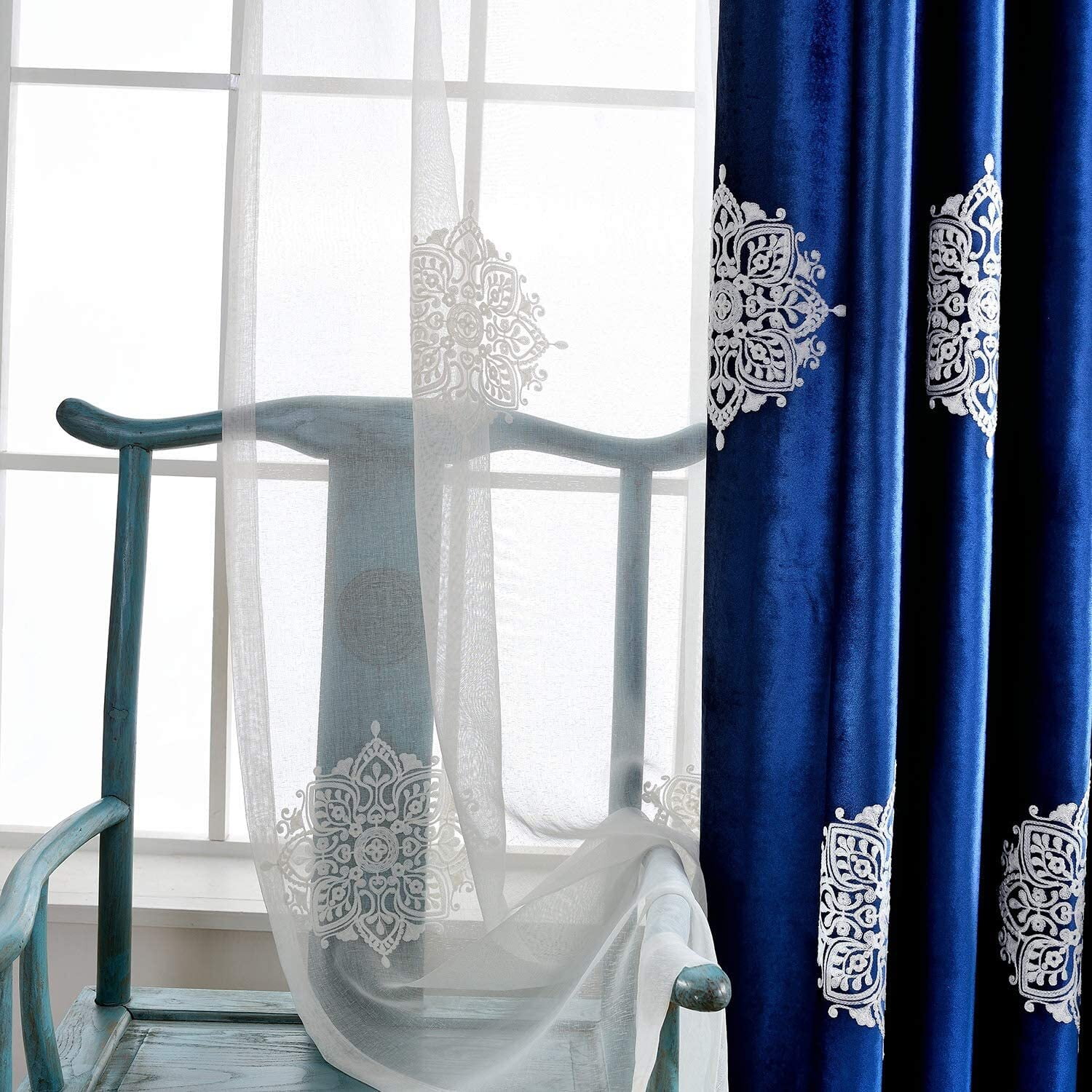 VOGOL European Floral Embroidered White Semi Sheer Rod Pocket Curtains for Bedroom, Kitchen, Small Windows, W52xL63, 2 Panels