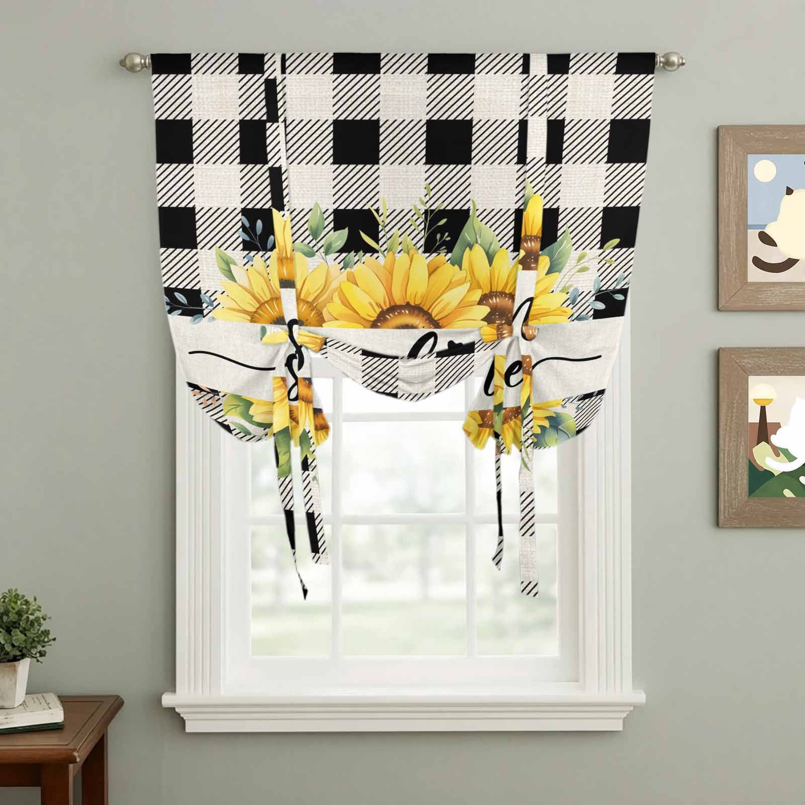 Summer Welcome Tie Up Curtain 45 Inches Long, Yellow Sunflower Leaf Retro Linen Black Plaid Balloon Style Kitchen Window Curtain Over Sink, Small Window Rod Pocket Curtain 52"x45"