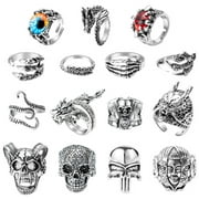 PANTIDE 15Pcs Vintage Punk Rings Set, Stainless Steel Gothic Alloy Biker Adjustable Rings, Skeleton Skull Evil Eye Chinese Dragon Claw Octopus Dragon Rings, Fashion Retro Black Silver Antique Jewelry