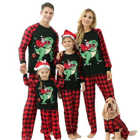 

Christmas Family Matching Pajamas Set Dinosaur Santa Claus Print Long Sleeve T-shirt Tops+Plaid Pants Sleepwear Nightwear 2Pcs Unisex