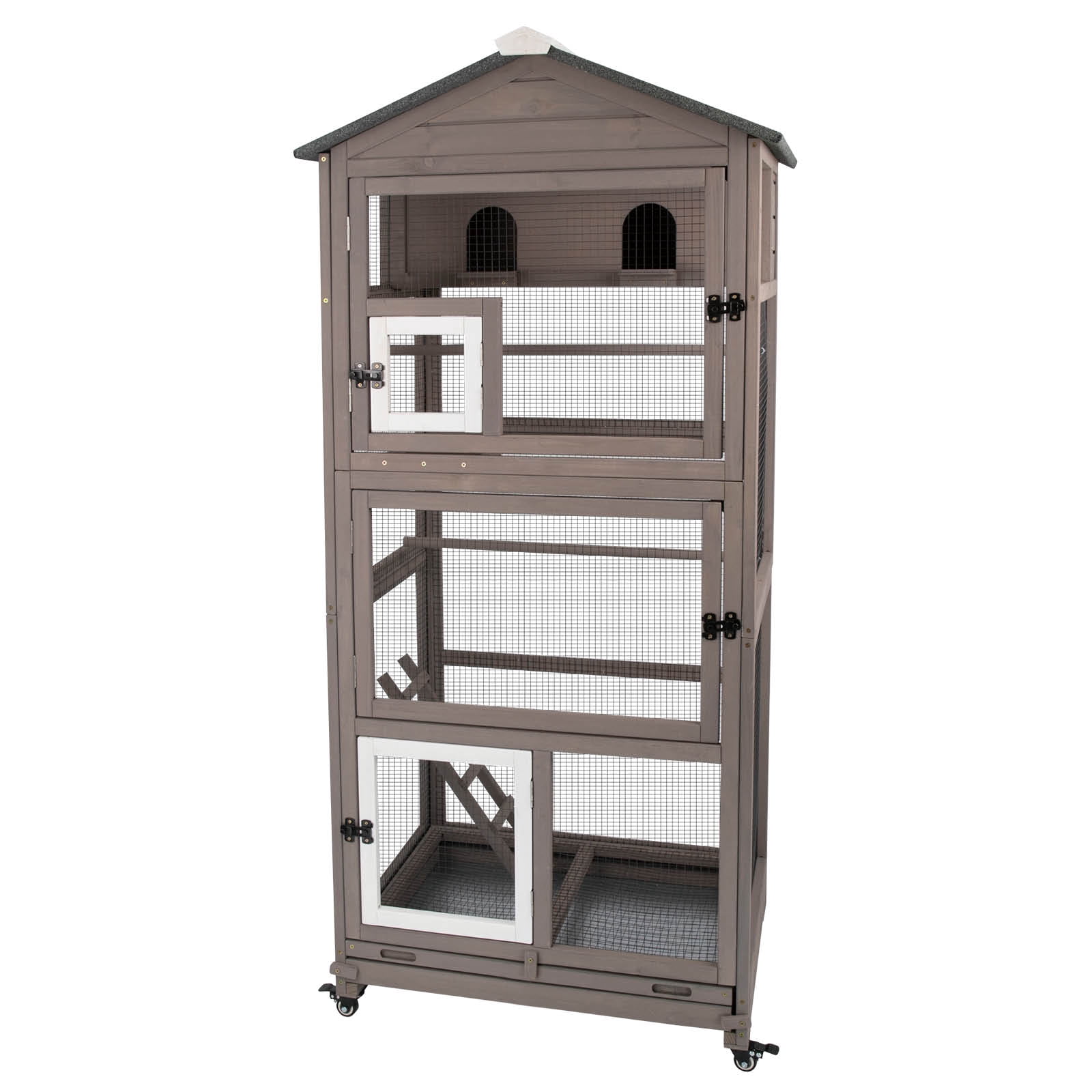 PETSCOSSET Flight Bird Cage Outdoor Large Wooden Bird Aviary on Wheels, Brown