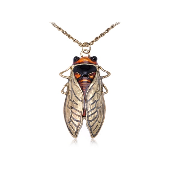Big Antique Golden Tone Orange Amber Vintage Insect Cicada Beetle Bug Chain Pendant Necklace