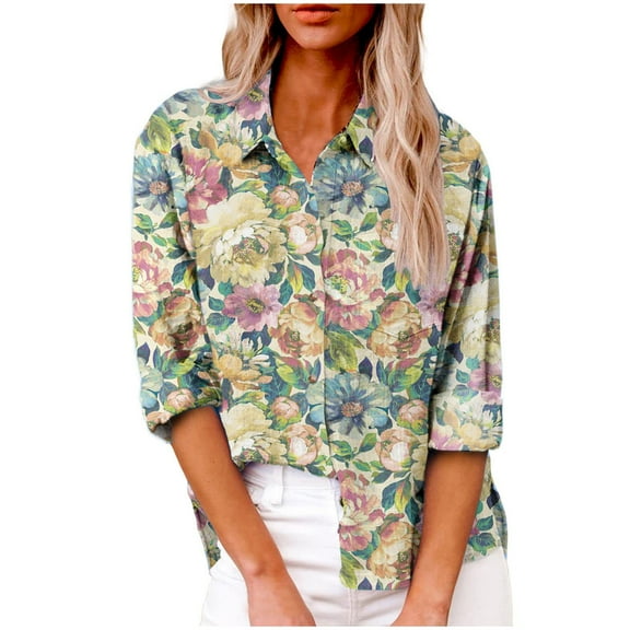 Womens Lapel Button Blouse Long Sleeve Linen Shirts with Pockets Loose-Fit Plaid Printed Casual Tops
