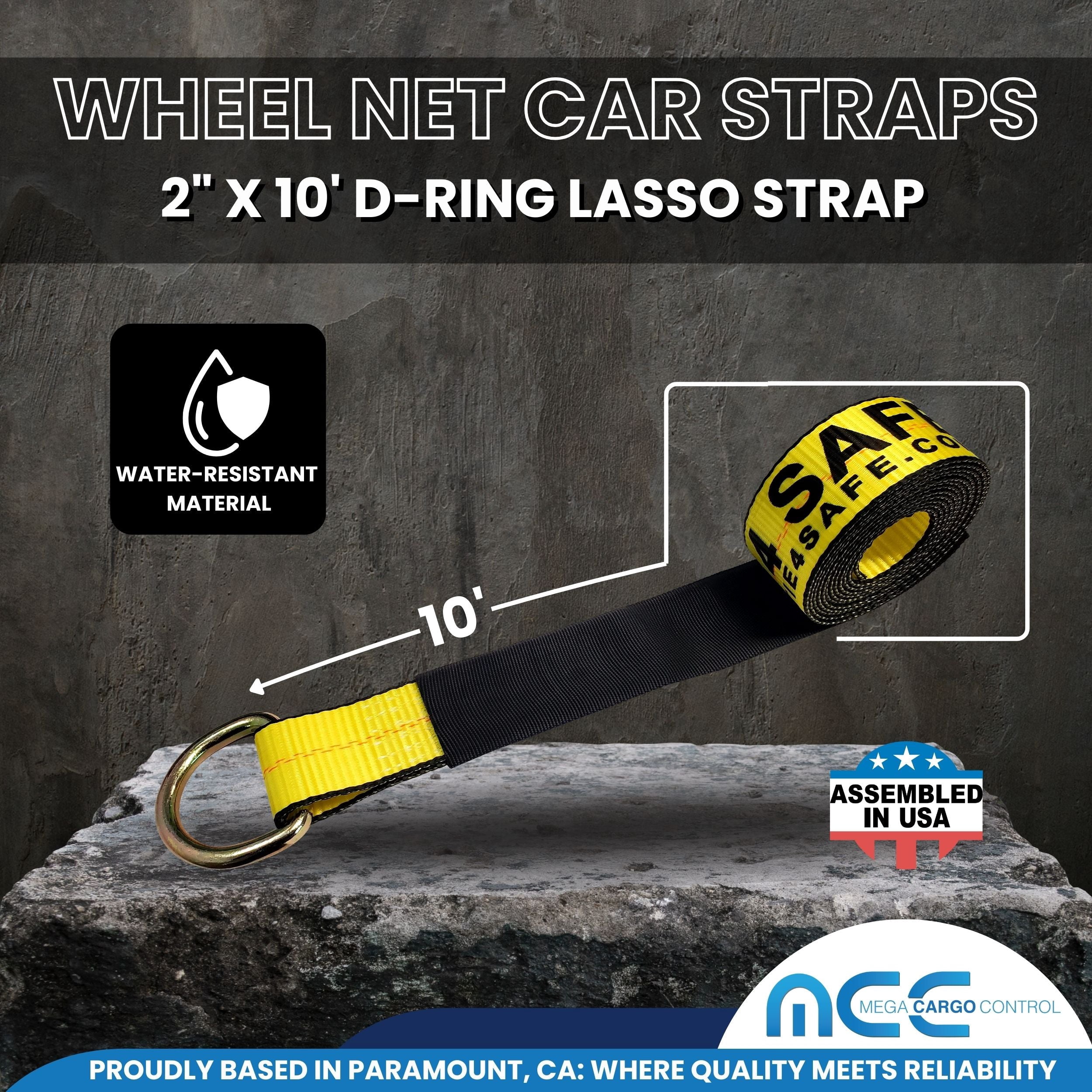 Mega Cargo Control Side Mount Wheel Net Straps with Swivel J Hook Ratchet Buckles, 2" x 10' D-Ring Lasso Strap, 4 Pack, Yellow