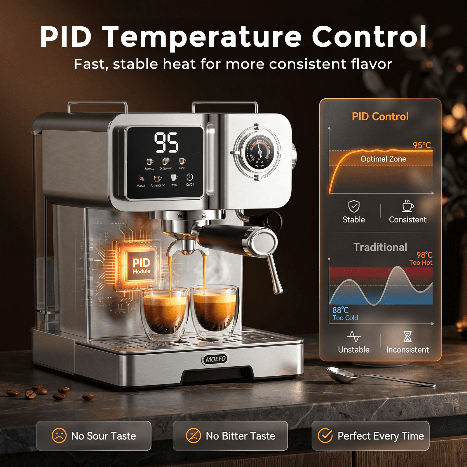 MOEFO 58mm Espresso Machine with Milk Frother, 20 Bar Semi-Automatic Coffee Maker, Visual Pressure Gauge & Touchscreen LCD Display, Professional Home Espresso Machine for Latte & Cappuccino, Silver