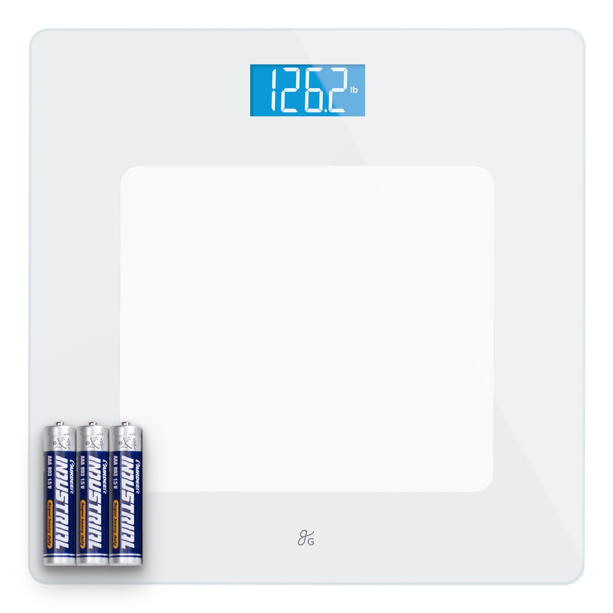 Greater Goods Digital Bathroom Scale – High-Precision, Non-Slip, Scratch-Resistant, Tempered Glass, Easy-Read Display, 400 lb Capacity, White