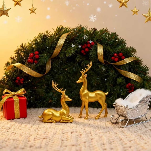 2pcs Resin Reindeer Figurines - Small Christmas Decorative Deer Statues for Indoor Tabletop Mantle Decor