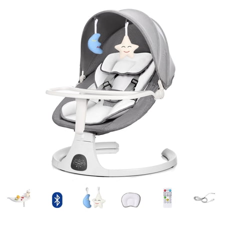 CHAOFEI Electric Baby Swing for Infants, Baby Rocker for Infants with 5 Speeds, 10 Lullabies, Adapter & Battery Operated Indoor & Outdoor Use Remote Control Gray