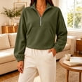 thumbnail image 2 of Liweisiy Women's Half Zip Stand Collar Sweatshirt Drop Shoulder Long Sleeve Solid Color Shirts With Pocket Casual Cropped Pullover Tops Army Green L, 2 of 6