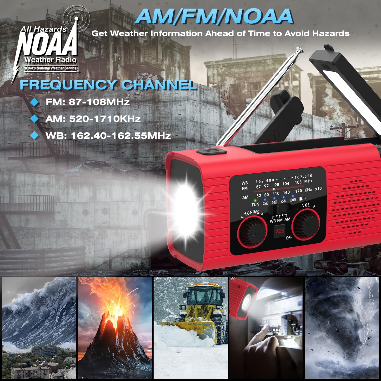 Emergency Weather Radio  4000mah Noaa Alert Solar Charging Hand Crank & Usb Charged Am/fm With Led Flashlight Reading Lamp Sos Alarm Headphone Jack For Outdoor Indoor
