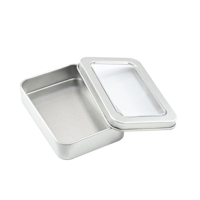 Caja de hierro para embalaje con ventana rectangular, accesorios y piezas, caja de hierro para embalaje general, caja de hojalata