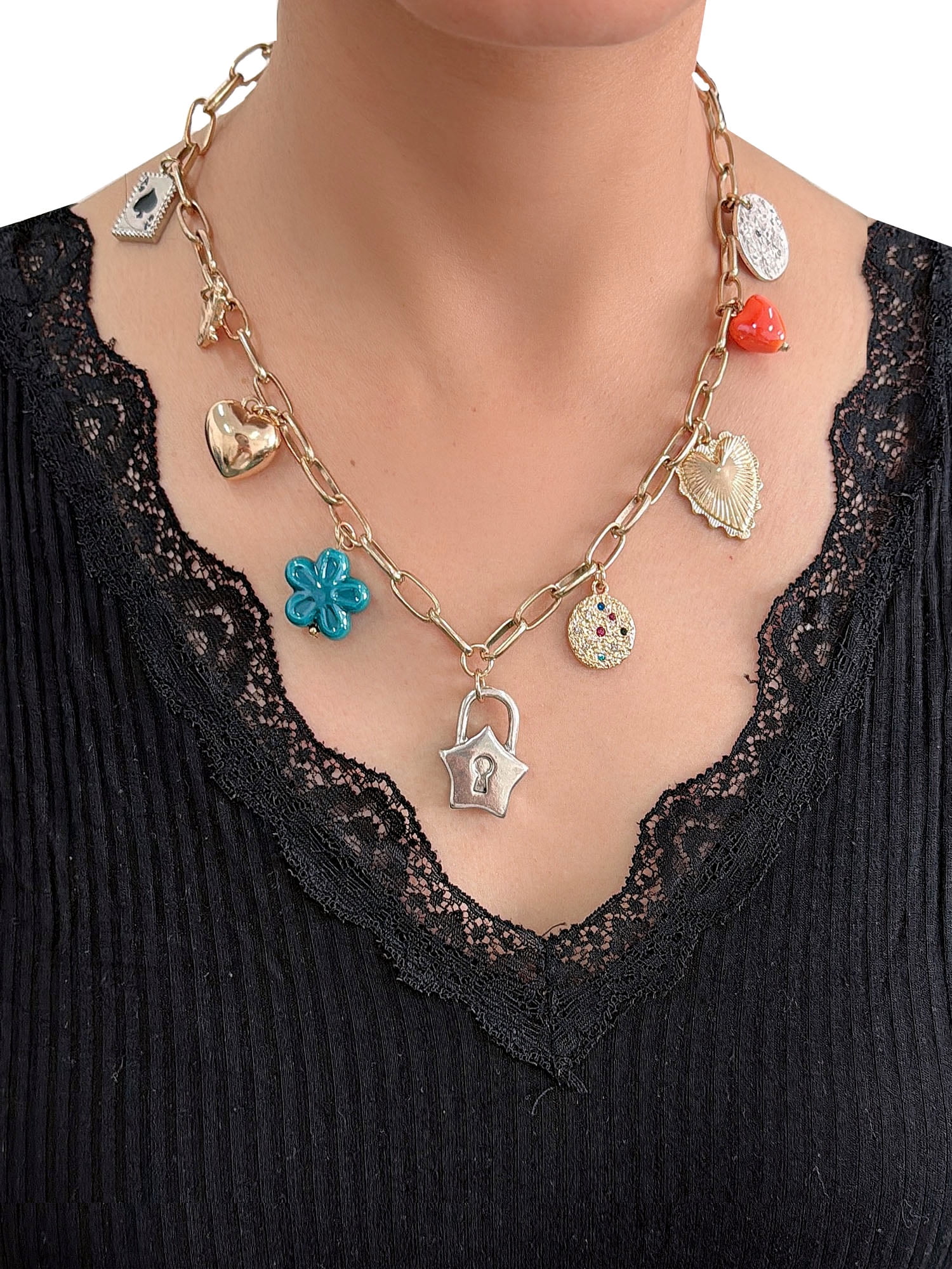 No Boundaries Two Layer Multi Charm Necklace Gold Plated for Female Adults and Teens