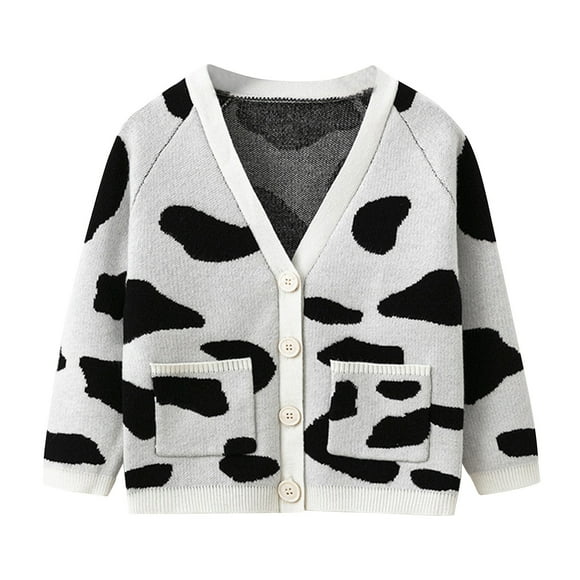 Girls Cardigans Sweater Cow Pattern V-neck Knit School Uniforms Pockets Long Sleeve Lovely Sweaters 2-7T (4-5T, White)