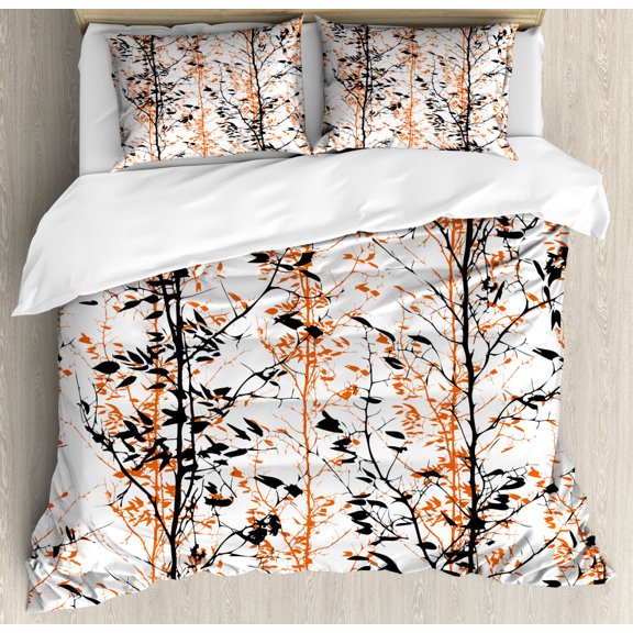 Modern Duvet Cover Set, Forest Illustration with Trees Silhouettes Branches Hand Drawn Print, Decorative 3 Piece Bedding Set with 2 Pillow Shams, King Size, Orange White Black, by Ambesonne