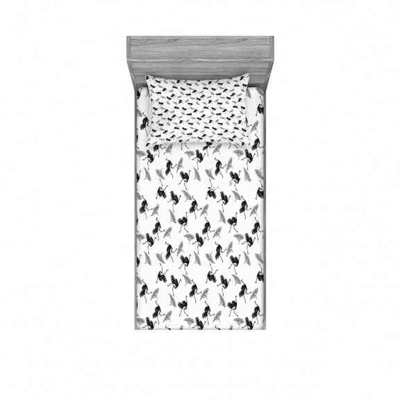 Ostrich Fitted Sheet & Pillow Sham Set, Hand Drawn Desert Animals Sketch with Tree Savannah Pattern, Decorative Printed 2 Piece Bedding Decor Set, Twin, White Black, by Ambesonne
