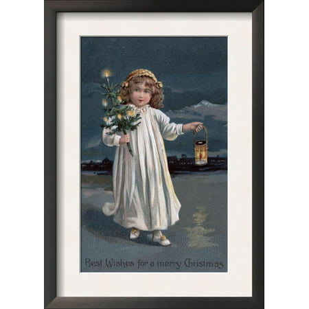 Best Wishes for a Merry Christmas - Girl Holding Tree and L... Framed Art Print Wall