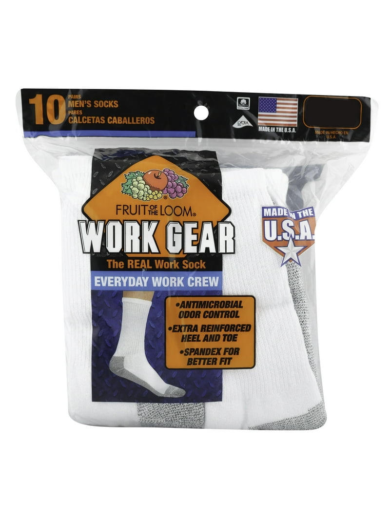 Fruit of the Loom Men's Cushioned Workgear Crew Socks, 10-Pack