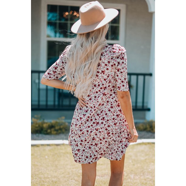 ABPHQTO Minivestido evasé con estampado floral y manga farol para mujer