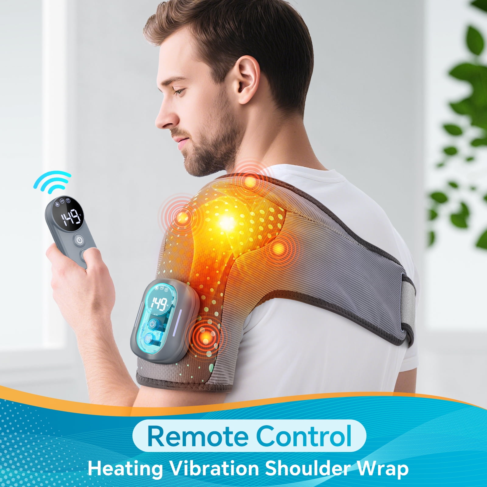 Cordless Shoulder Heating Pad with Magnetic Detachable Remote, Heated Shoulder Brace Massager Wrap with 4-Motor Vibration for Relief, 5 Heat & 5 Vibration, Warm Gifts for Women Men