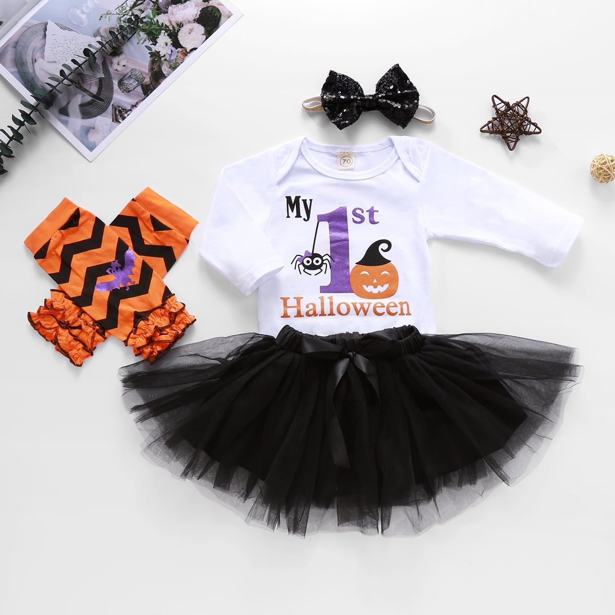 4Pcs Baby Girls My 1st Halloween Thanksgiving Outfits Pumpkin Print Romper+Bow Tutu Dress+Headband+Leg Warmers Skirt Set