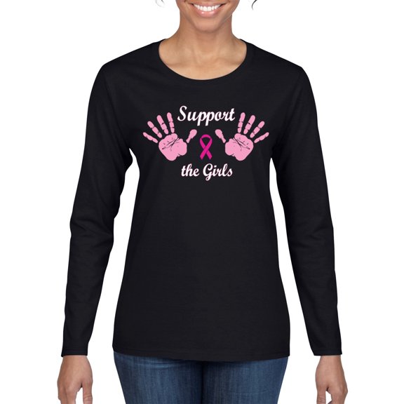 Wild Bobby Support The Girls Funny Hope Breast Cancer Awareness Women Graphic Long Sleeve T-Shirt, Black, Small