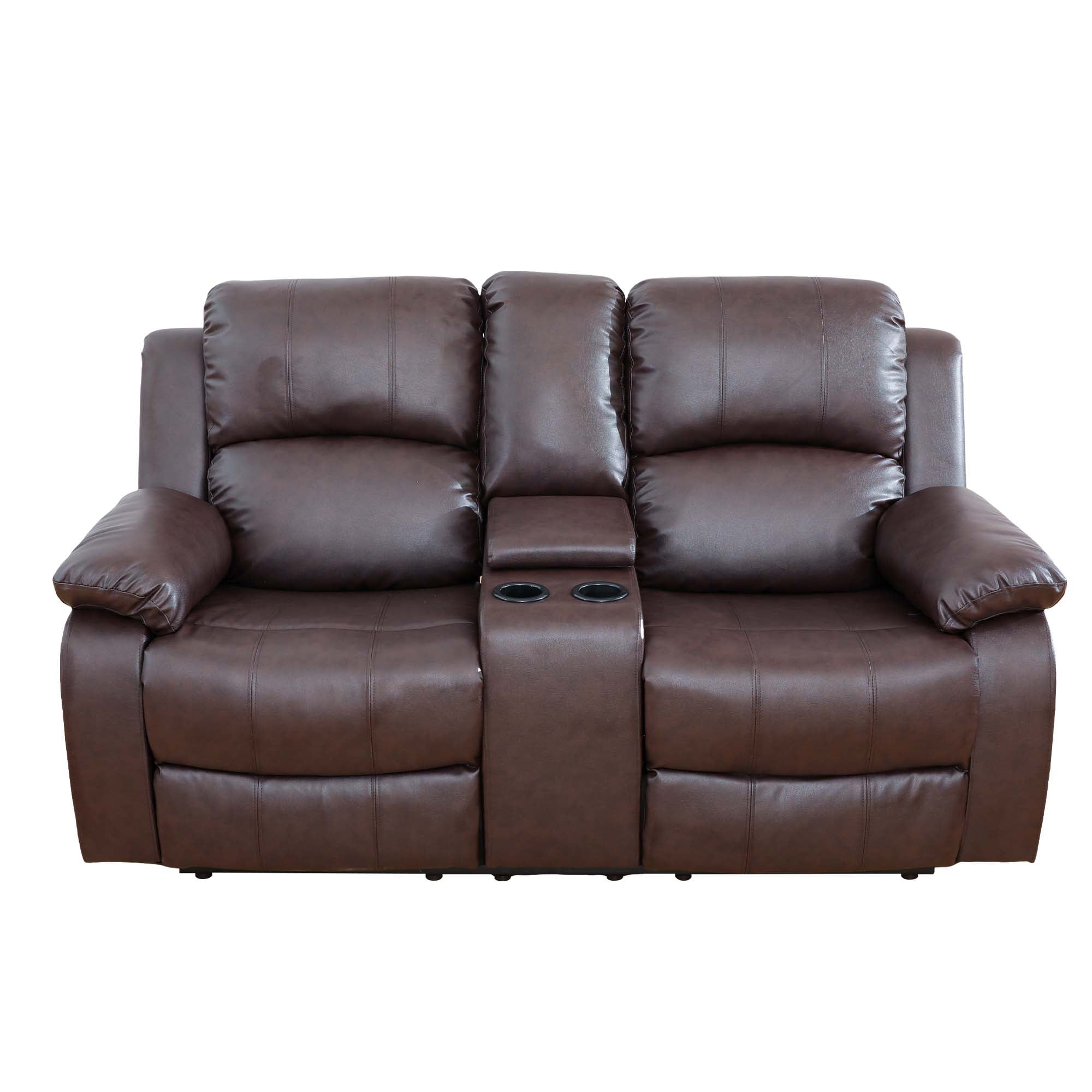 Aukfa Double Manual Recliner Chair, Overstuffed Loveseat with Cupholder for Living Room, Leather, Brown