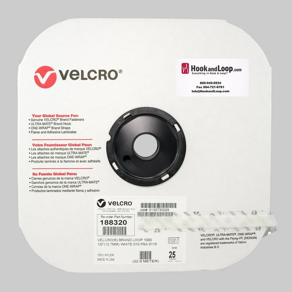 VELCRO® Brand - 1/2" White Loop: Pressure Sensitive Adhesive - Rubber