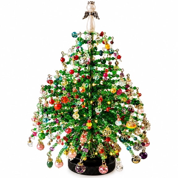 DIY Beaded Christmas Tree Kit, Bead Pearl Holiday Craft Set for Adults, Colorful Beads, Ornament Charms, Metal Frame, Angel Topper, Warm Glow Display