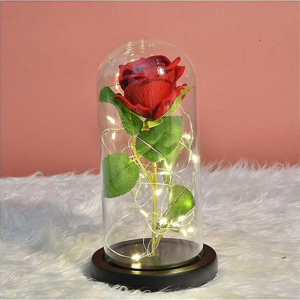 Flores artificiales LED encadenan rosas rojas eternas en una cúpula de vidrio, rosas rojas dedicadas a novias, bodas, aniversarios, día de la madre