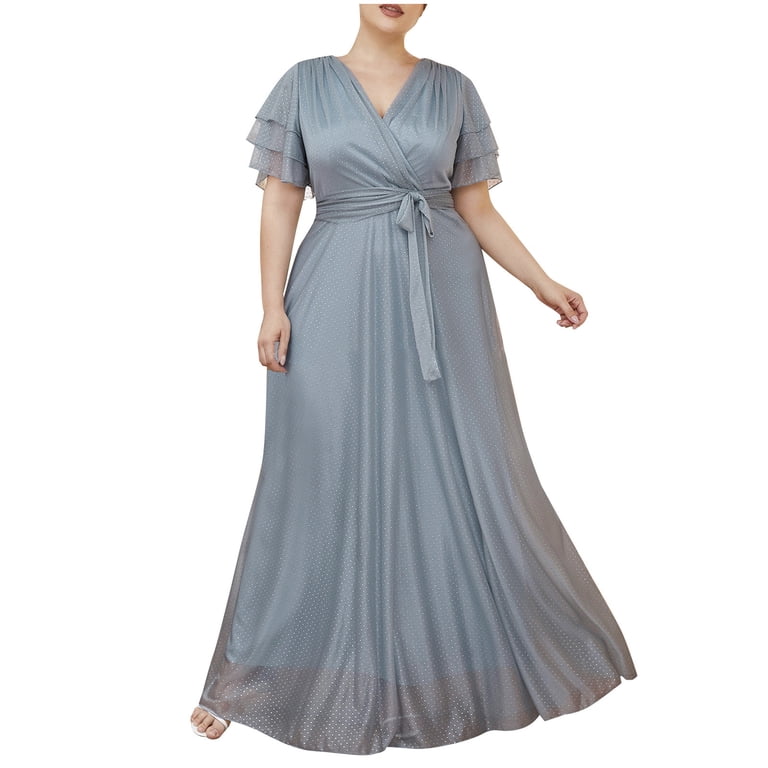 Plus Size Wedding Guest Dresses Elegant Long Evening Gown with Drop V-Neck  High Waist Chiffon in Blue Grey